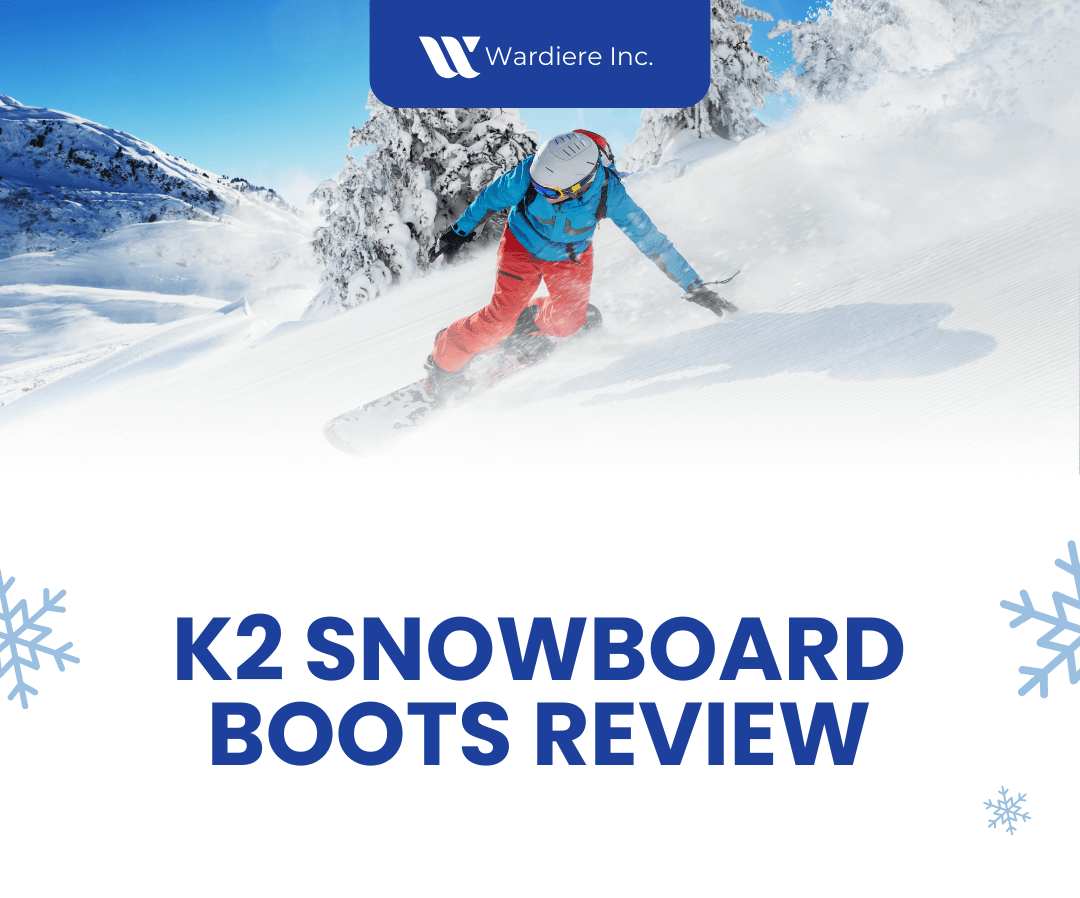 A collection of K2 snowboard boots arranged on a rustic wooden background
